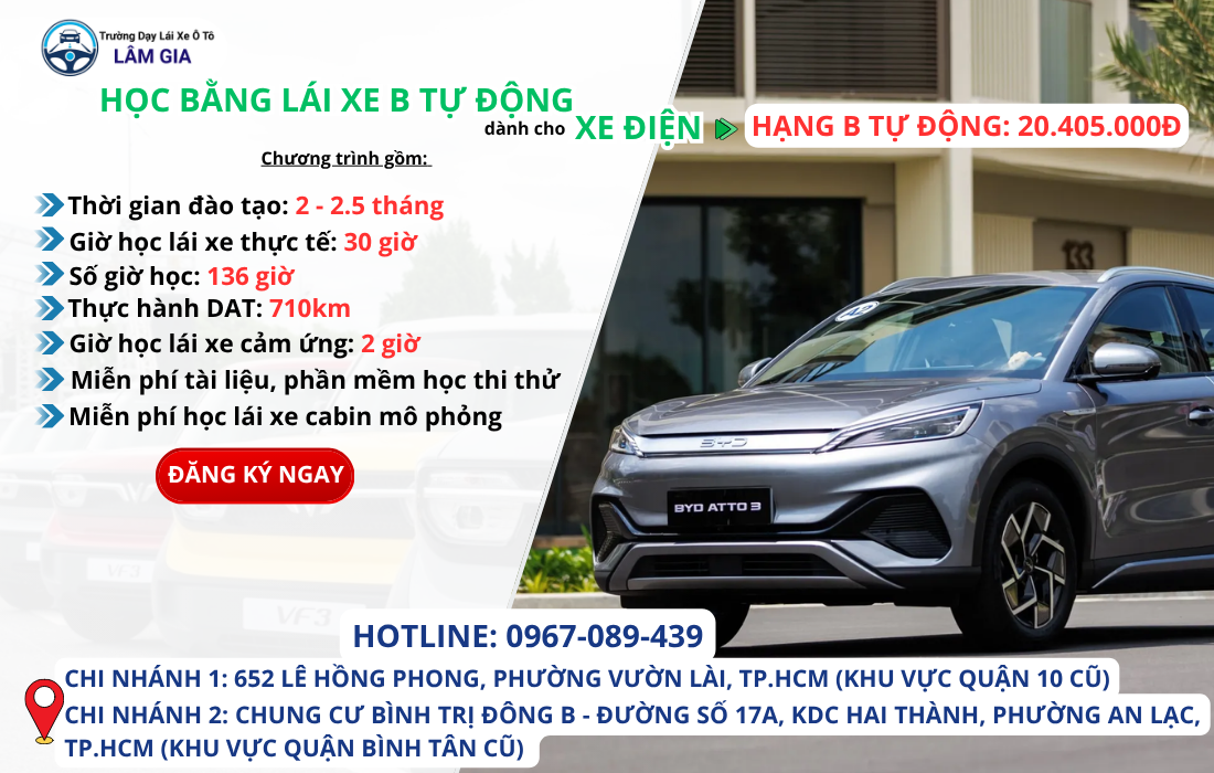 học bằng lái xe b tự động dành cho xe ô tô điện tại trường dạy lái ô tô lâm gia - học phí 20.405.000đ