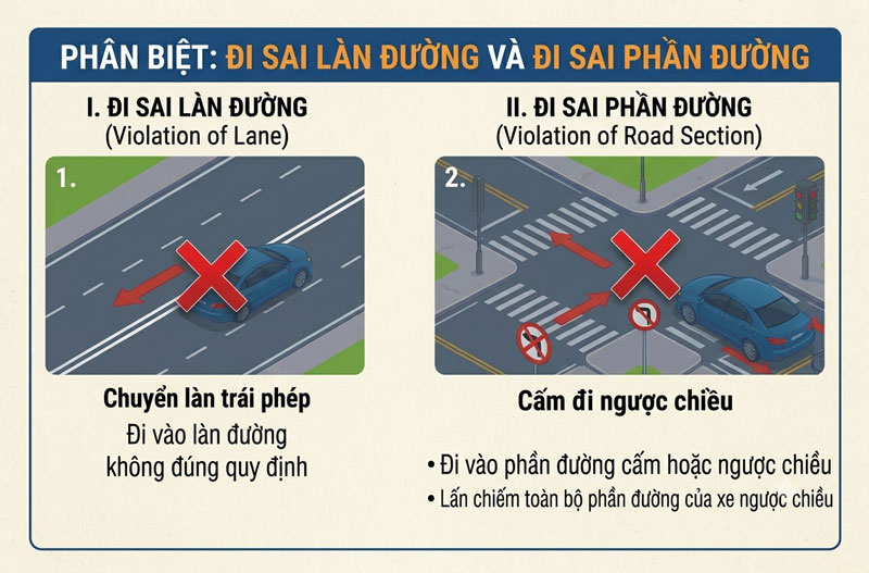 Phân biệt giữa đi sai làn đường và phần đường